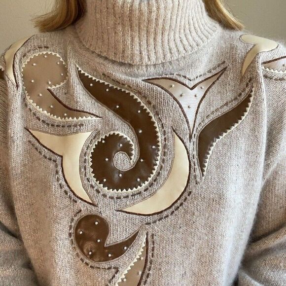 Vintage 80s Womens IB Diffusion Angora Silk Blend Geometric Beige Sweater Sz 2X - Picture 4 of 11